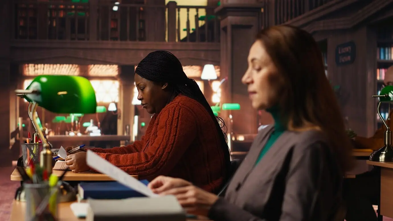 Взрослая студентка в библиотеке выделяет важные идеи к экзаменам, сосредотачиваясь на учебе.