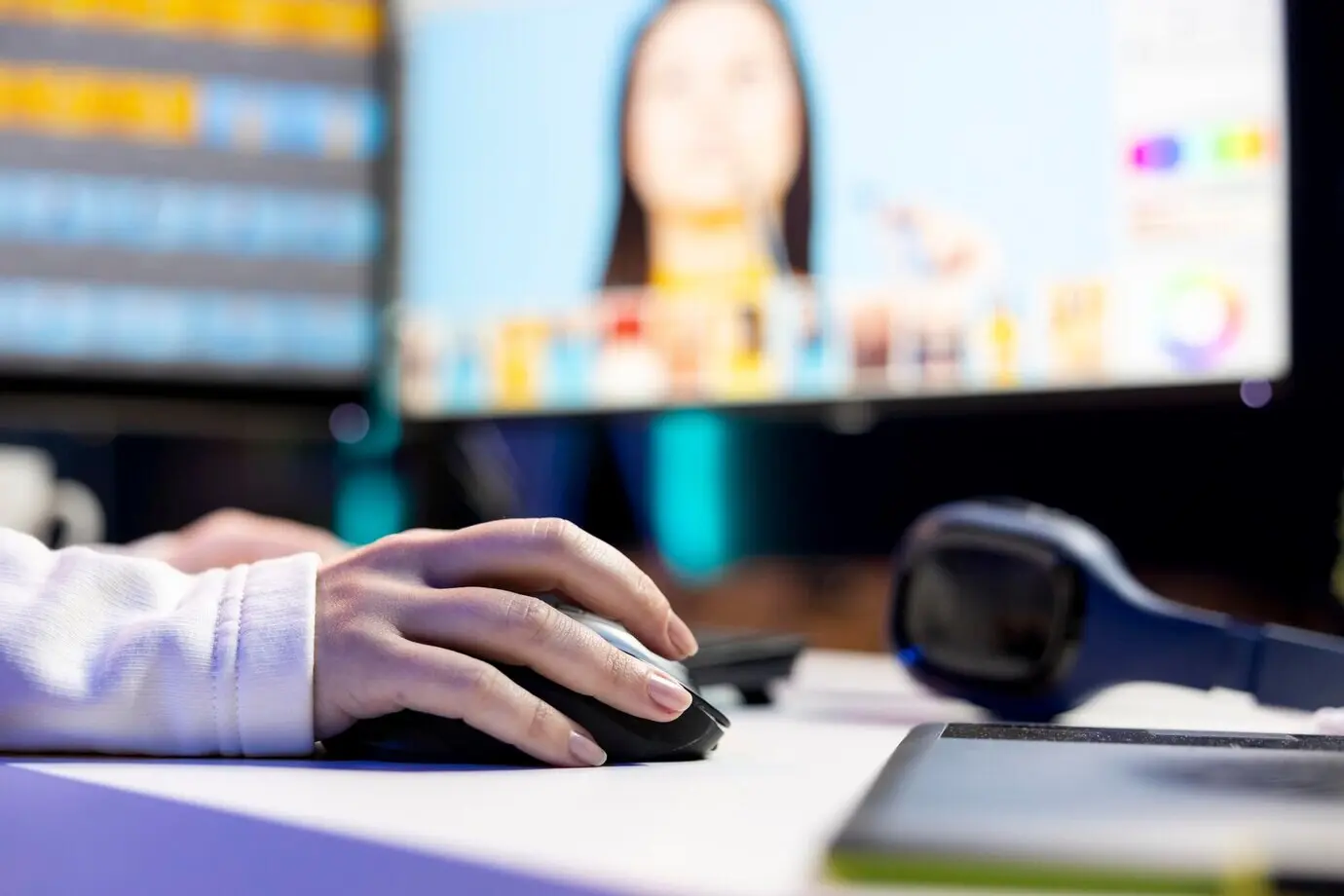 Крупный план: фоторедактор выполняет цветокоррекцию фотографий с помощью мыши и клавиатуры.